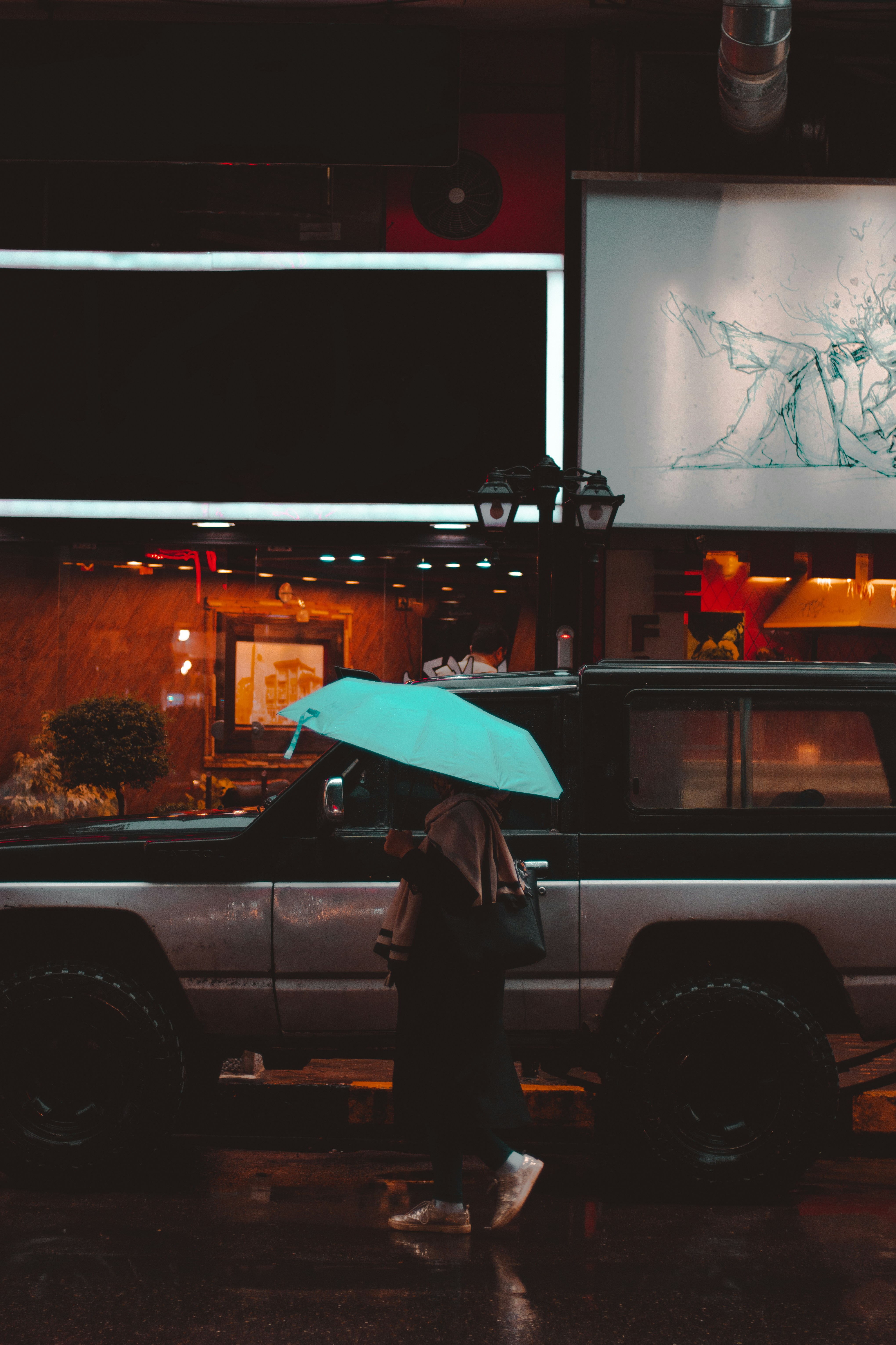 woman in black coat holding umbrella standing beside black car
