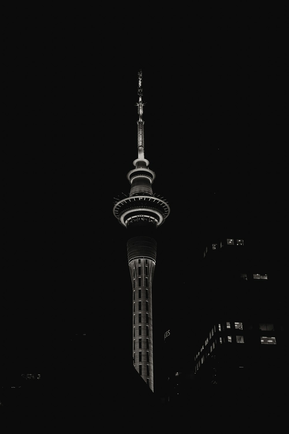 Torre en blanco y negro durante la noche