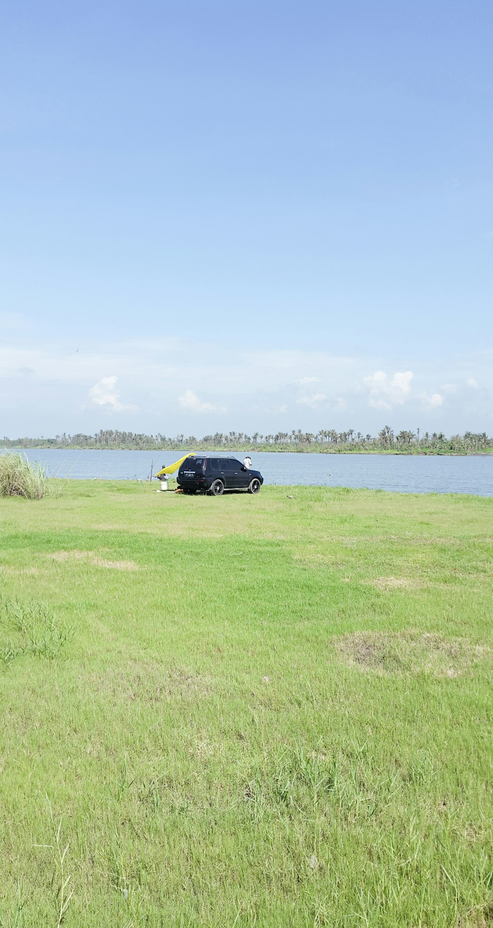 black car on green grass field near body of water during daytime