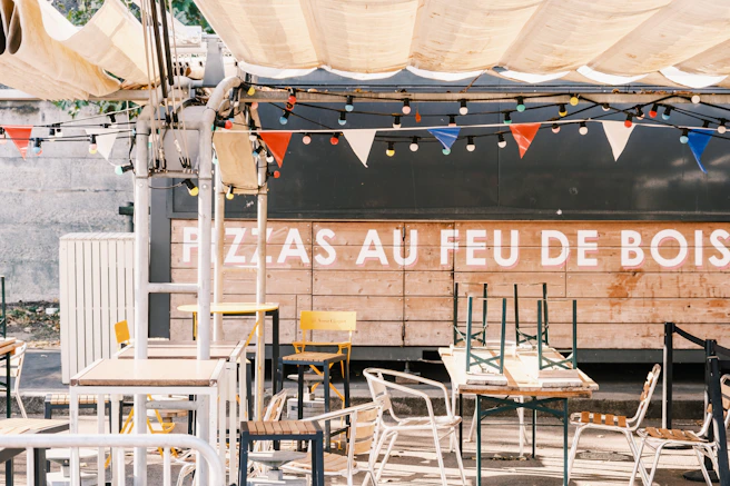 white and black chairs and tables