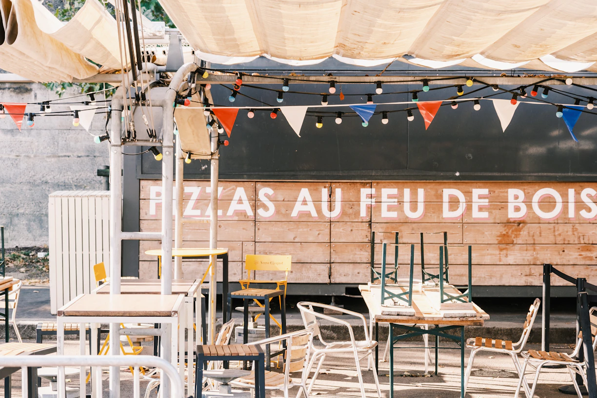 white and black chairs and tables