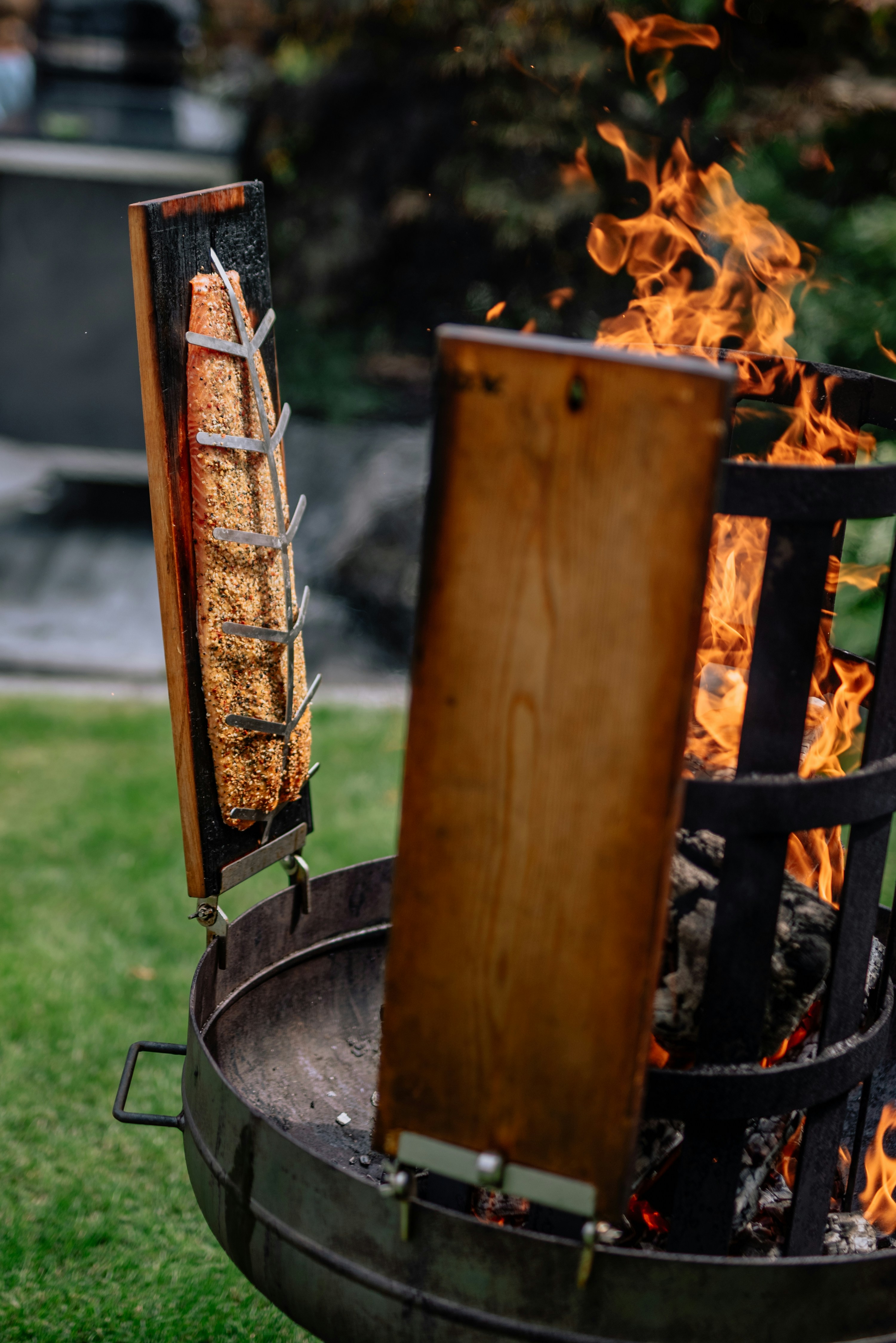 fire on gray round pot