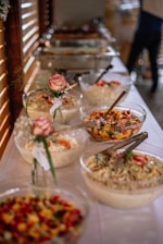 food on clear glass bowls
