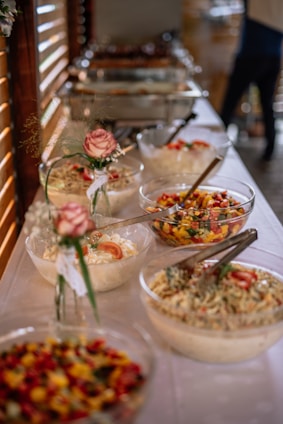 food on clear glass bowls