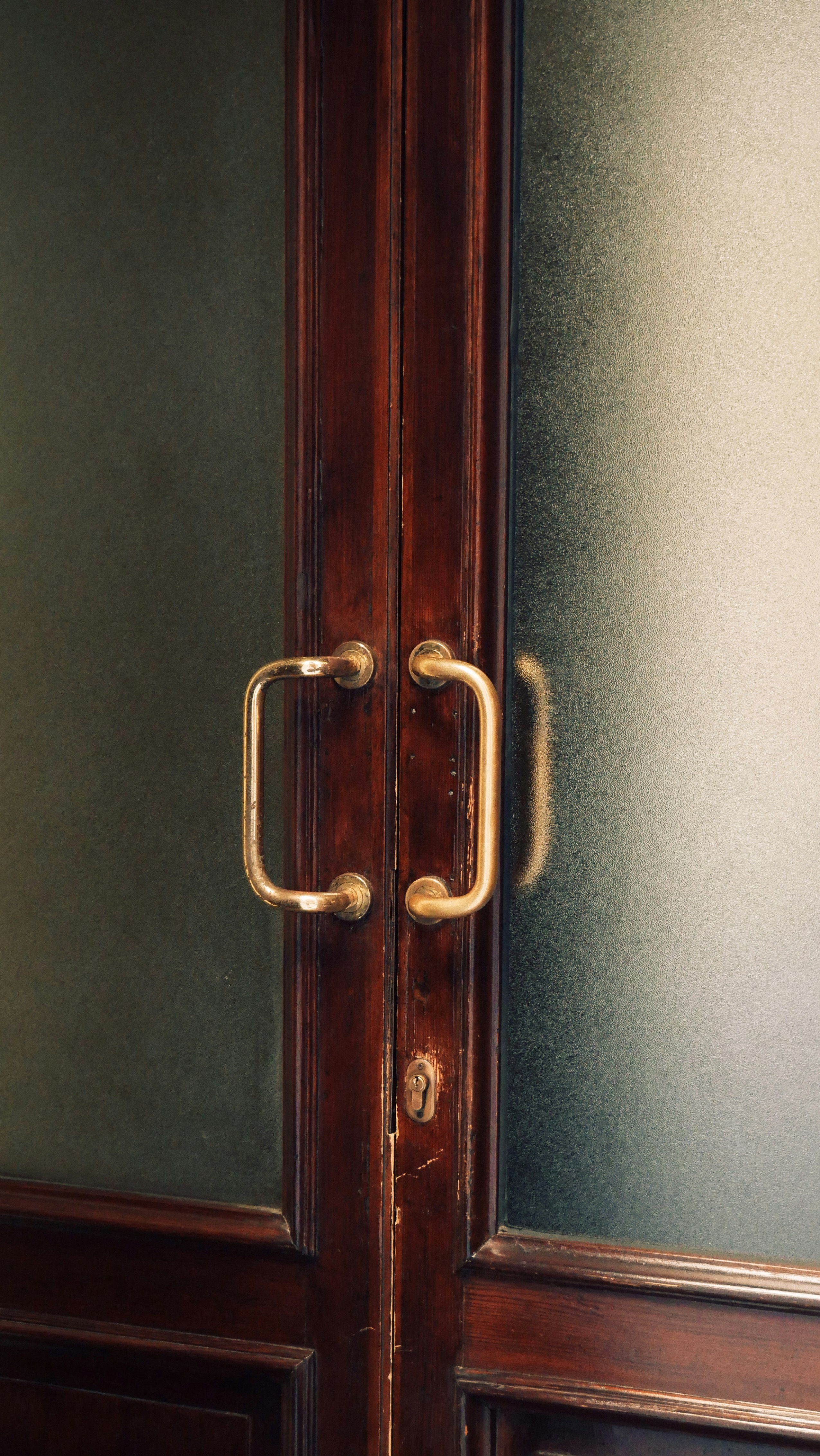 brown wooden door with silver handle