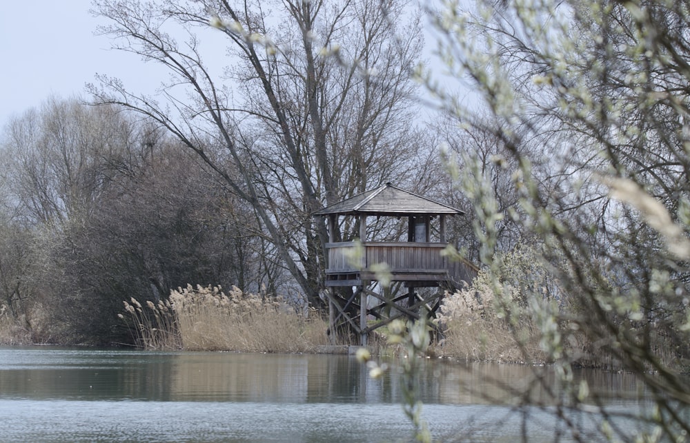 brown wooden house near lake during daytime