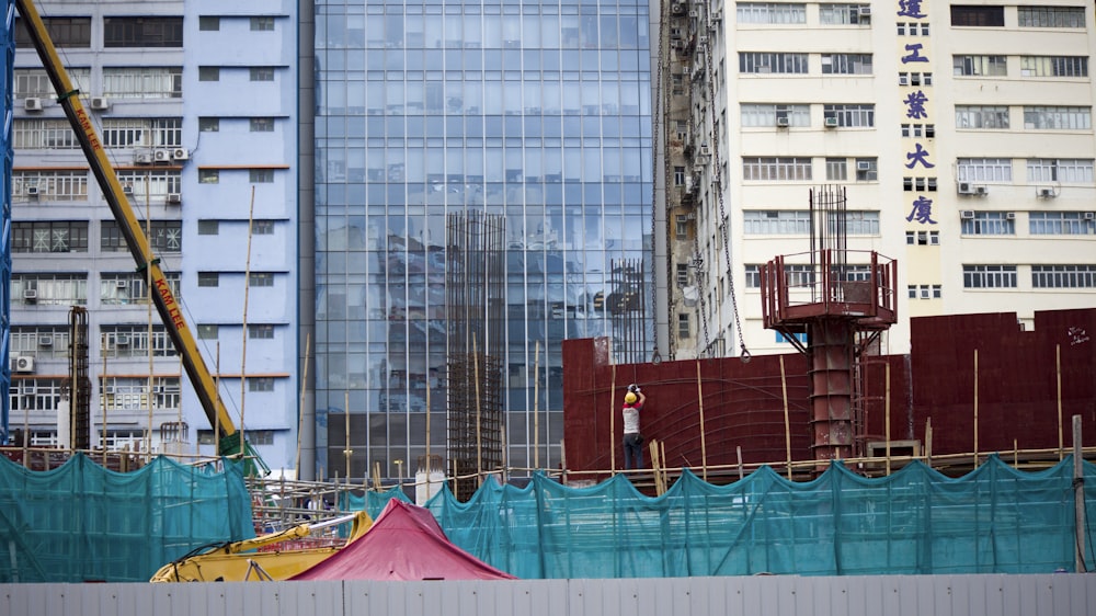 blue red and yellow building