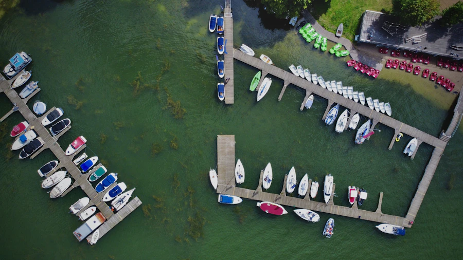 Lake Ukiel marina and moored boats in Olsztyn