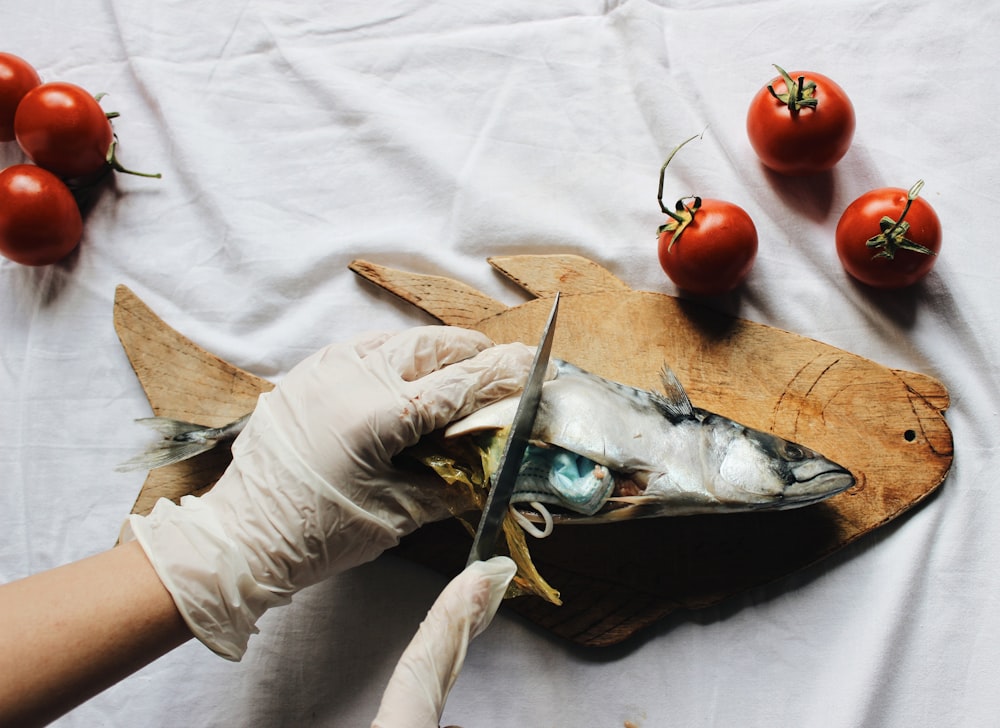 Persona con guantes blancos sosteniendo una fruta de tomate rojo