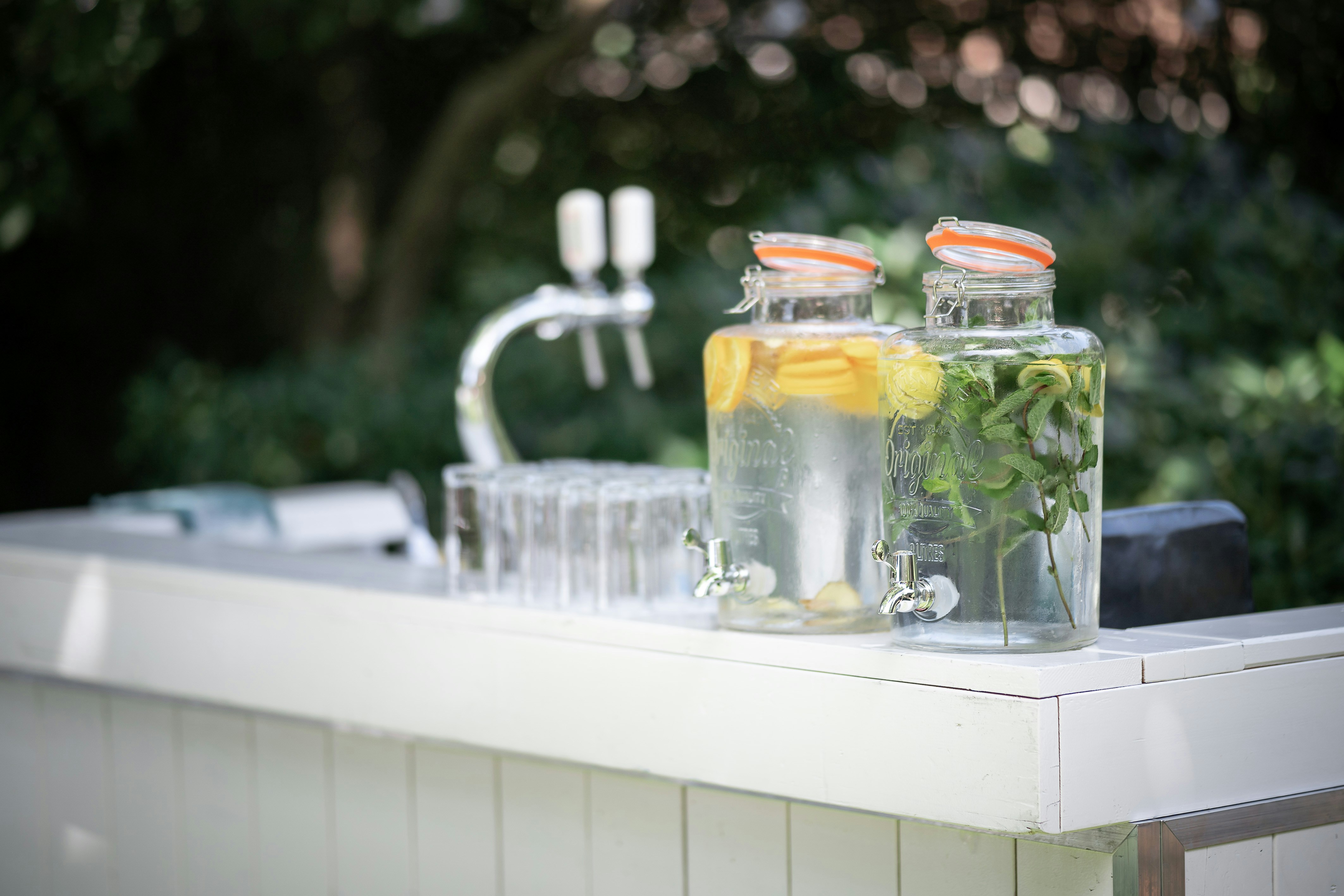 Outdoor event bar station with drinks ready to serve