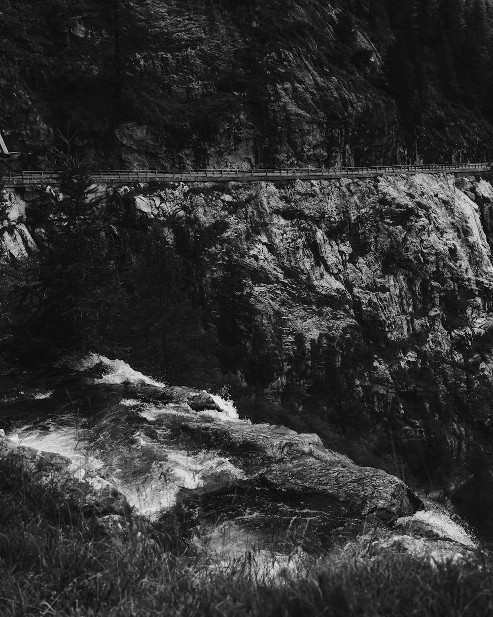 grayscale photo of a man standing on a rock near a river