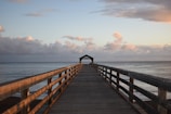 A weathered wooden pier stretching into a calm sea at dawn with pastel skies.