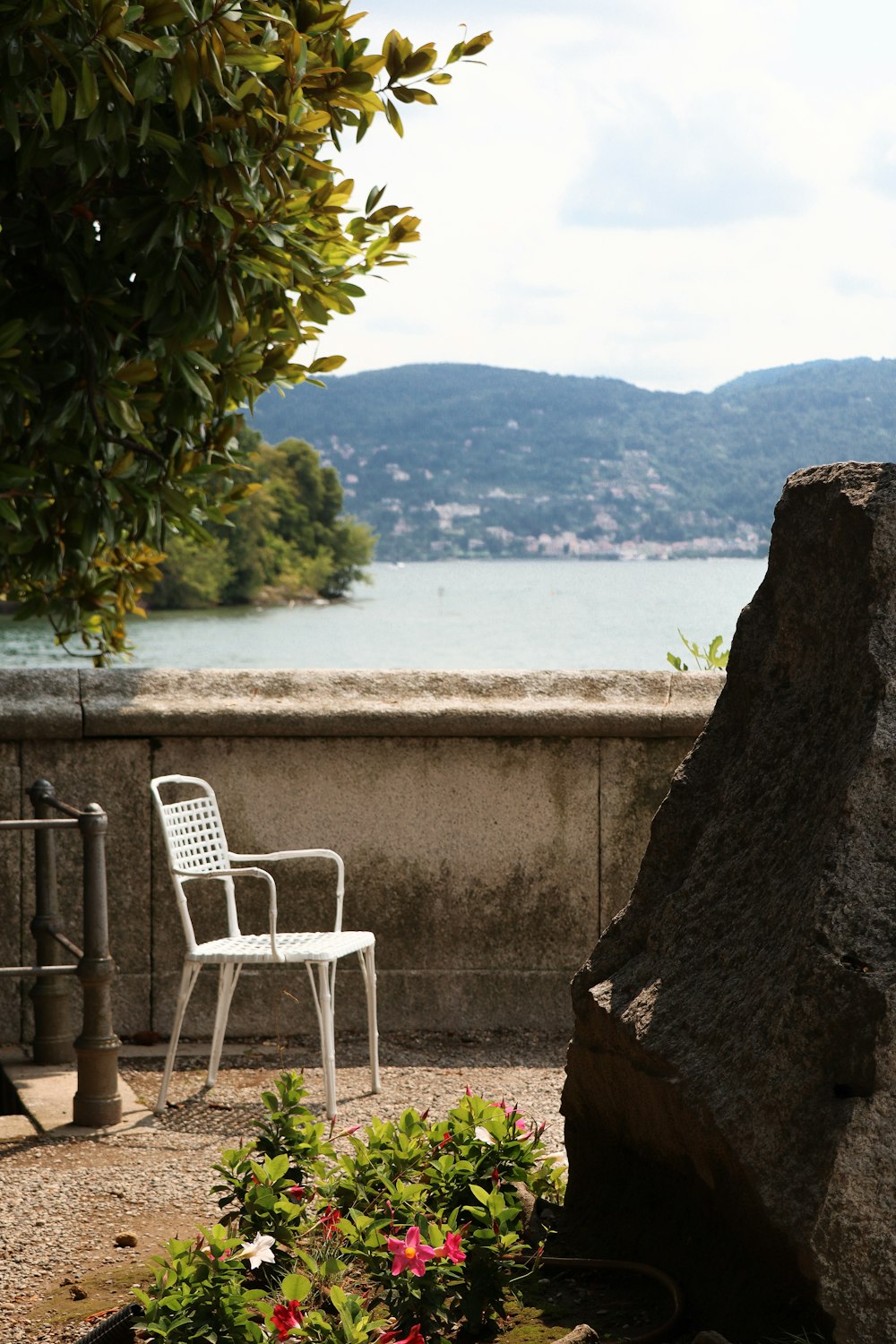 white plastic armchair beside brown tree trunk near body of water during daytime