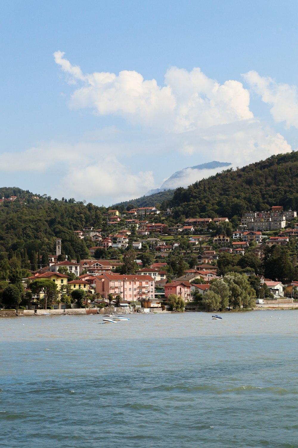 houses on mountain near body of water during daytime