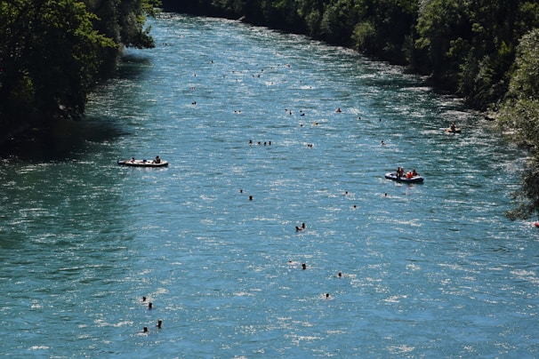 A wide river scene with numerous people swimming and tubing. The water is a vibrant blue and surrounded by dense greenery on both sides. Several inflatable rafts with groups of people are floating along the river, enjoying a leisurely day.