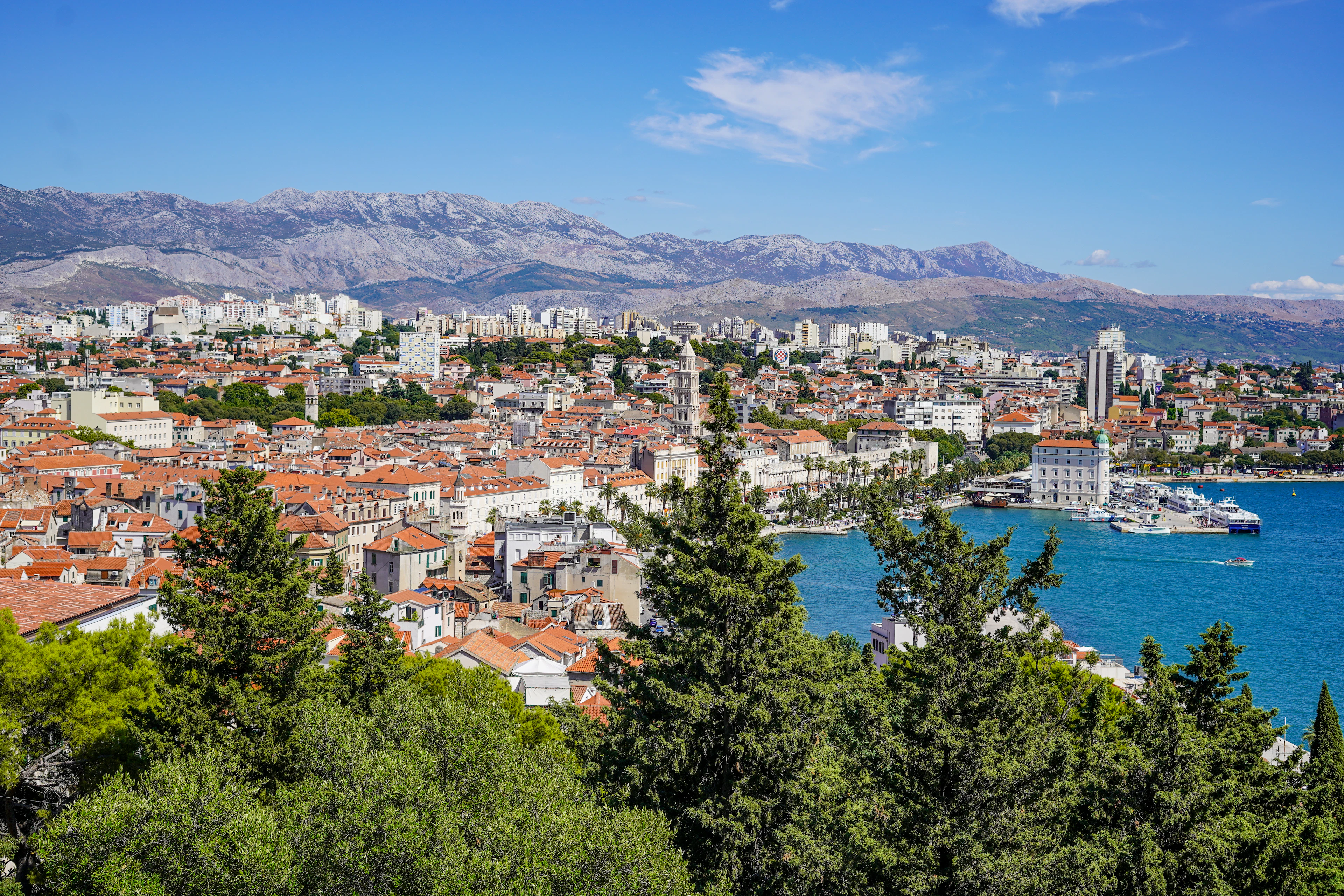 View over Split's terracotta rooftops and harbour from the wooded slopes of Marjan hill, with the Dalmatian mountains rising behind