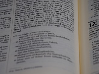 An open book displaying text that appears to be from a religious or historical document. The pages are angled, showing paragraphs of prose with section numbers and indented lists, suggesting structured content.
