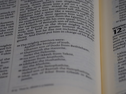 An open book displaying text that appears to be from a religious or historical document. The pages are angled, showing paragraphs of prose with section numbers and indented lists, suggesting structured content.