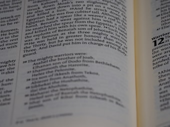 An open book displaying text that appears to be from a religious or historical document. The pages are angled, showing paragraphs of prose with section numbers and indented lists, suggesting structured content.