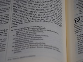 An open book displaying text that appears to be from a religious or historical document. The pages are angled, showing paragraphs of prose with section numbers and indented lists, suggesting structured content.