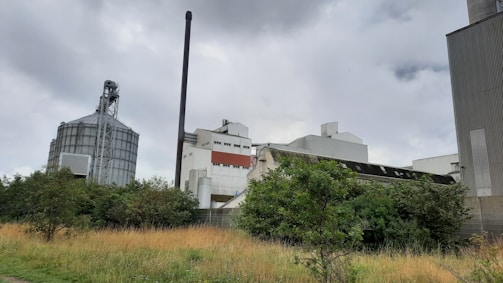 An industrial facility featuring large silos and factory buildings surrounded by overgrown vegetation and grass. There is a prominent tall chimney, and the sky appears overcast and cloudy.