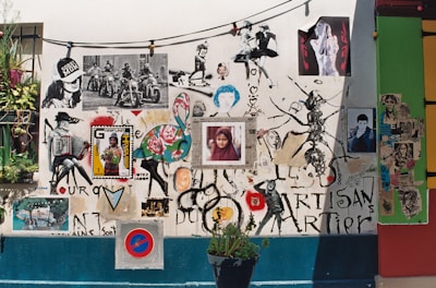 A vibrant wall covered in eclectic street art, including various artistic images such as photographs of people, painted figures, abstract designs, and colorful patterns. There are elements like a flamingo design, a 'No Parking' sign, and various posters of individuals. A small potted plant sits at the bottom against the wall.