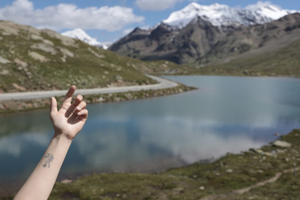 person holding white and pink stone near lake during daytime