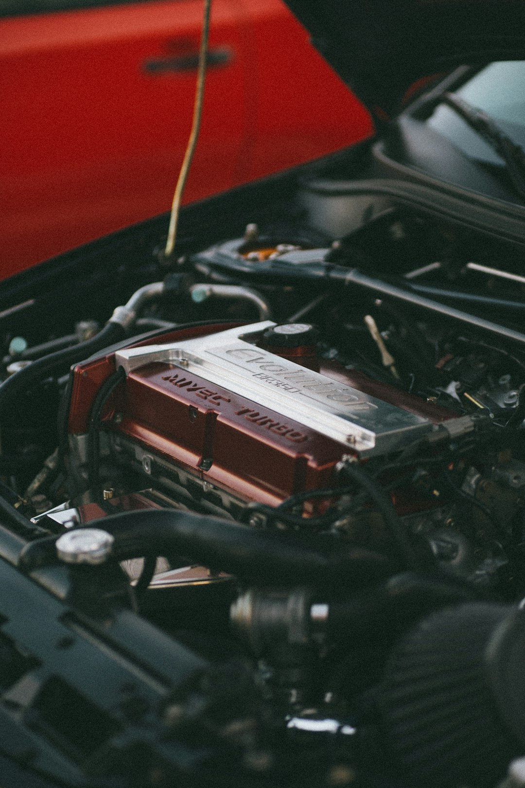 black and red car engine