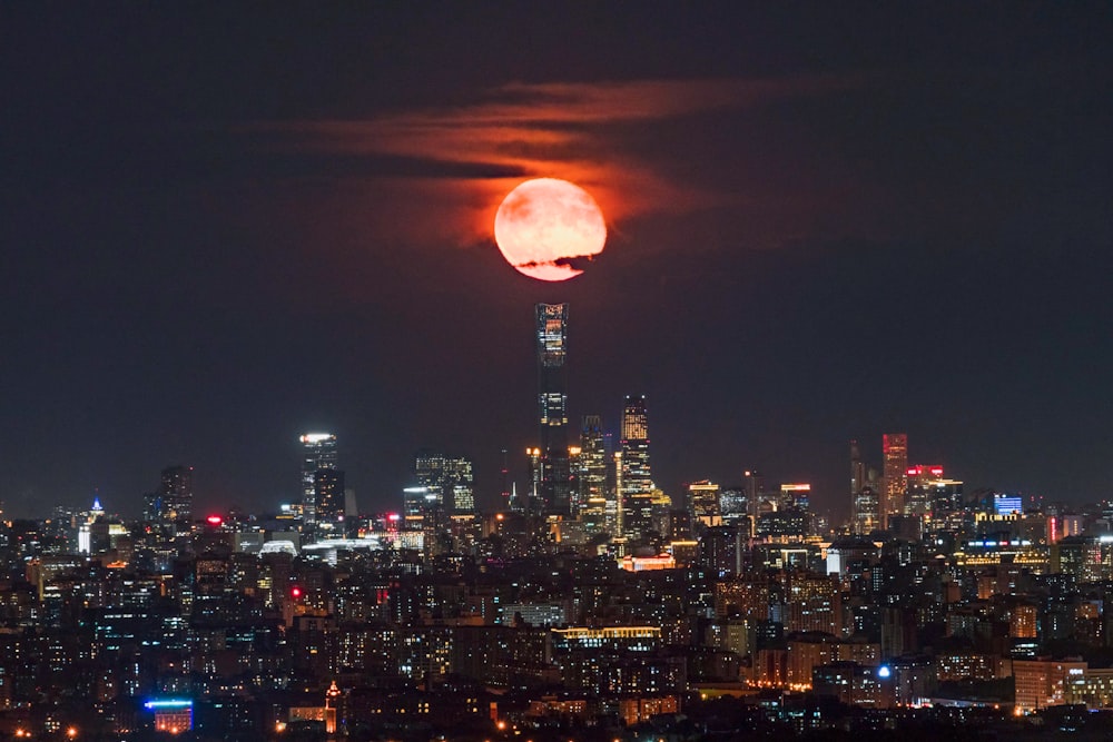 city with high rise buildings during night time