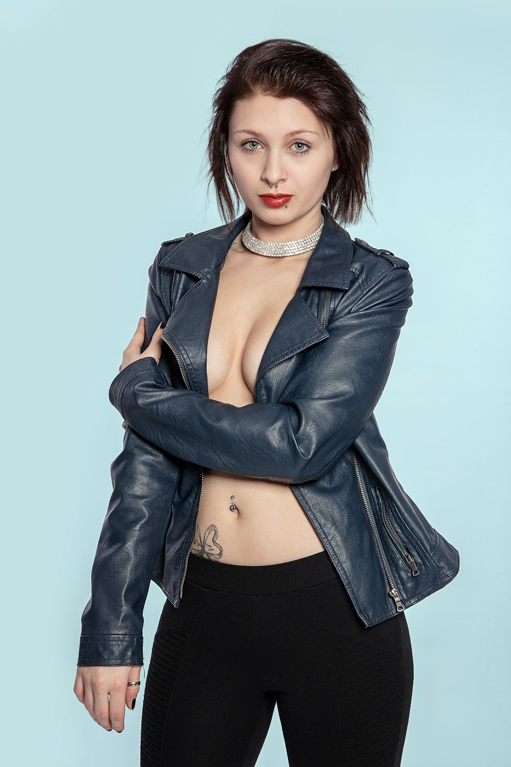 woman in black leather jacket