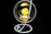 A stack of gold-colored Ethereum coins placed inside a transparent spherical container held by a white, spiral stand on a black background.