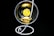 A stack of gold-colored Ethereum coins placed inside a transparent spherical container held by a white, spiral stand on a black background.