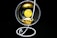 A stack of gold-colored Ethereum coins placed inside a transparent spherical container held by a white, spiral stand on a black background.