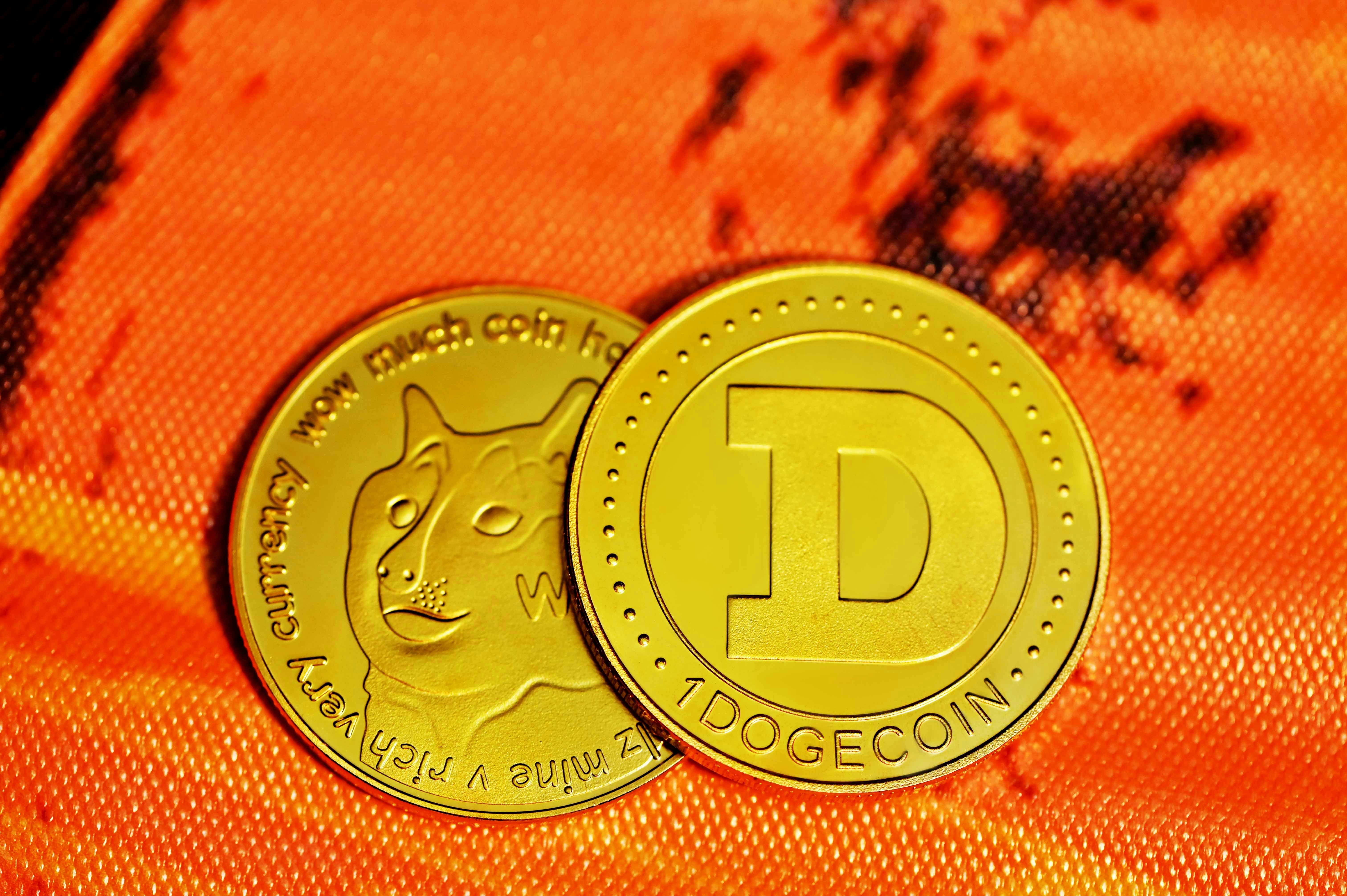 A couple of Dogecoins on top of an orange background