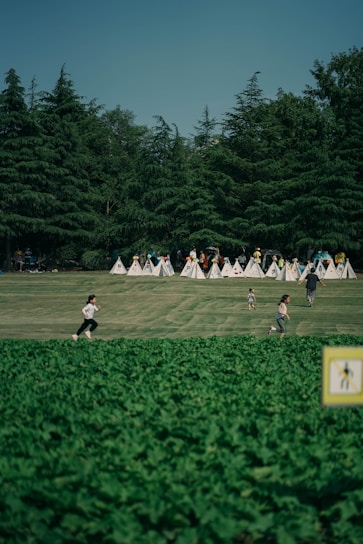 A lush green park with a large, well-maintained lawn where several children are running and playing. In the background, a row of small white tents is visible, and tall evergreen trees create a natural wall. The foreground features a dense patch of greenery. The image conveys a sense of outdoor recreation and freedom.