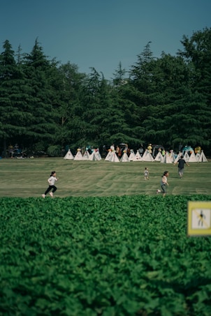 A lush green park with a large, well-maintained lawn where several children are running and playing. In the background, a row of small white tents is visible, and tall evergreen trees create a natural wall. The foreground features a dense patch of greenery. The image conveys a sense of outdoor recreation and freedom.