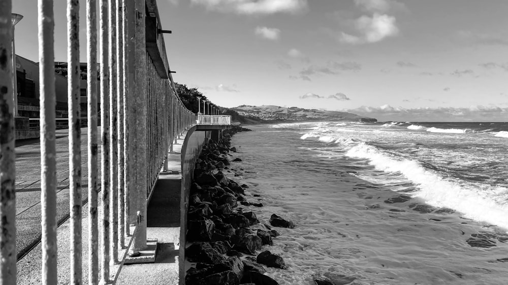 foto em escala de cinza da doca de madeira na praia