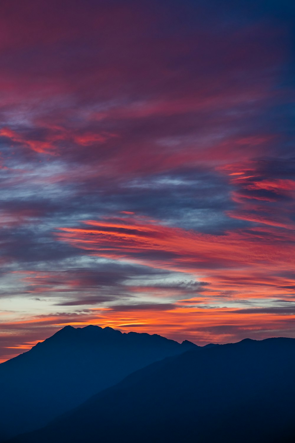 silhouette of mountain under cloudy sky during sunset