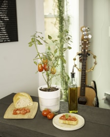 A kitchen scene featuring a potted tomato plant with ripe tomatoes alongside a wooden cutting board with a loaf of bread and chopped tomatoes. A small white plate holds a slice of bread topped with chopped tomatoes. An olive oil bottle is placed near the plant, and a guitar with a tambourine is visible in the background.