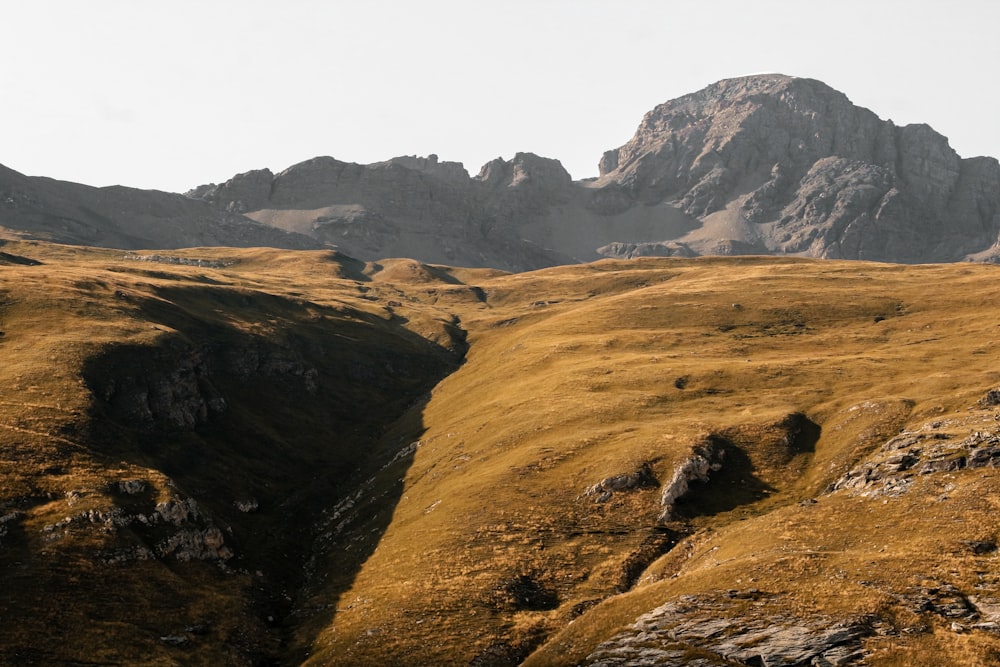 campo de grama marrom e verde e montanhas durante o dia