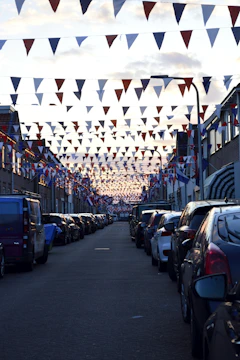 A clean, well-lit Oakland street lined with small businesses proudly displaying patriotic decorations.