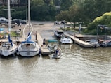 A marina with several boats docked in the water. People can be seen near the boats, with one person standing on the dock, and others preparing a small boat. Trees and parked cars are visible in the background.