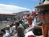 Crowd cheering enthusiastically from the grandstand on a bright race day.