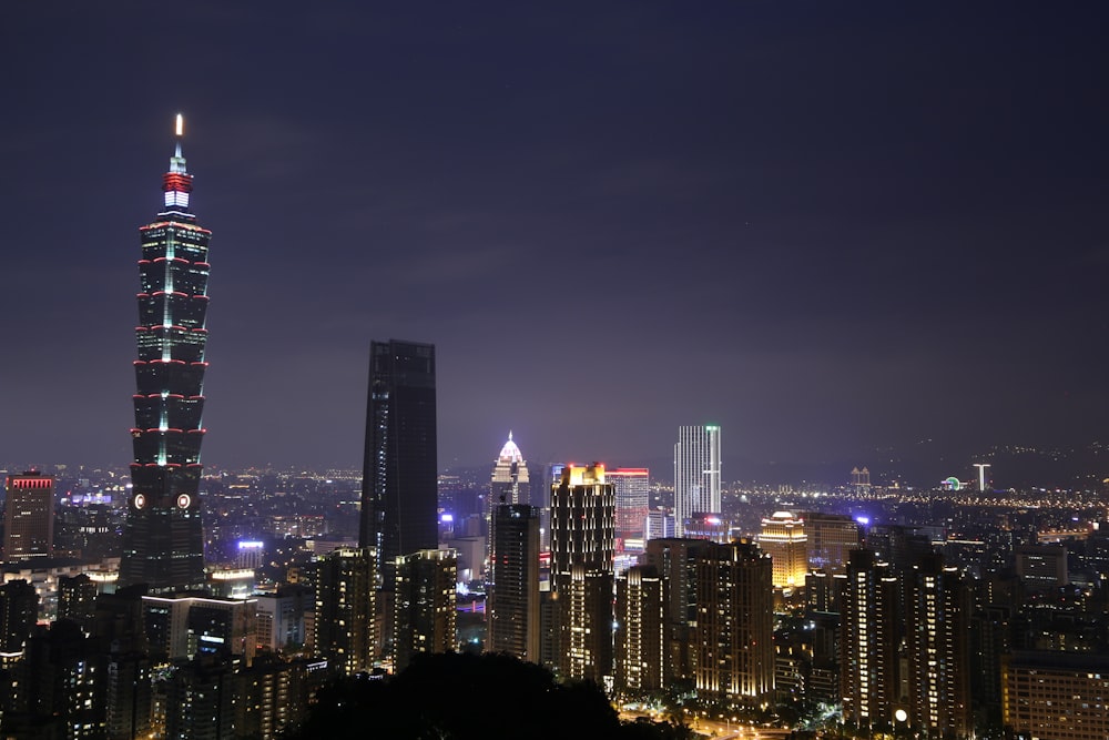 city skyline during night time