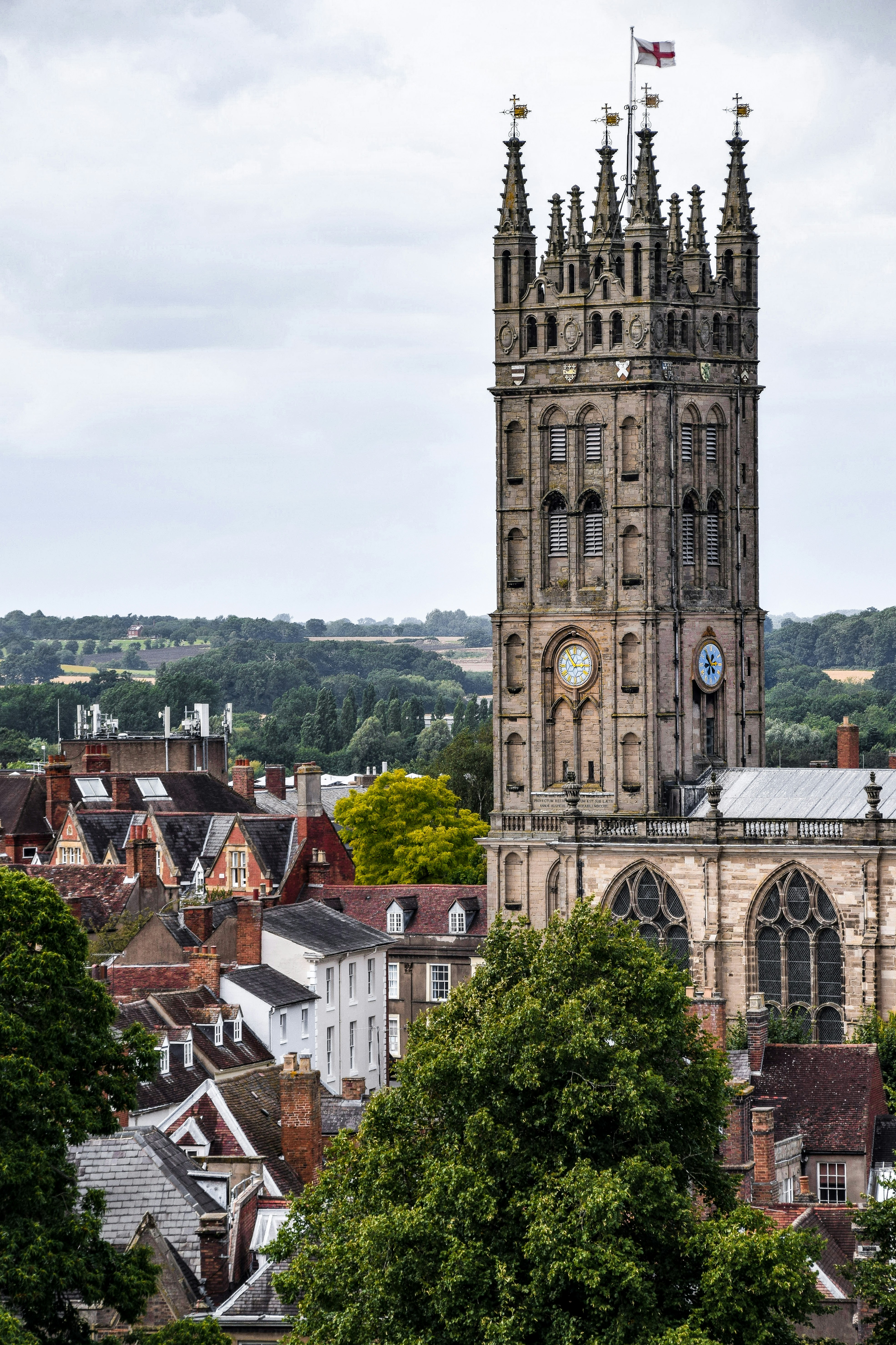 Looking across to St Mary’s Church from atop Guys Tower at Warwick Castle.