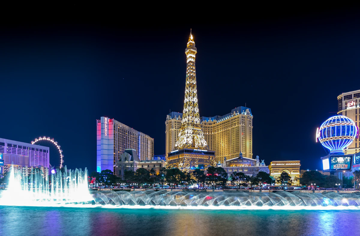 The Eiffel Tower replica on the Las Vegas Strip at night