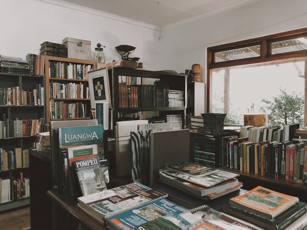 books on brown wooden shelf