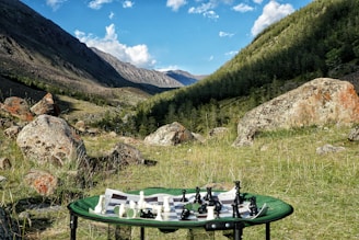 A scenic mountain valley with a vibrant green meadow scattered with large rocks. In the foreground, a portable table holds a chessboard with pieces arranged for a game.