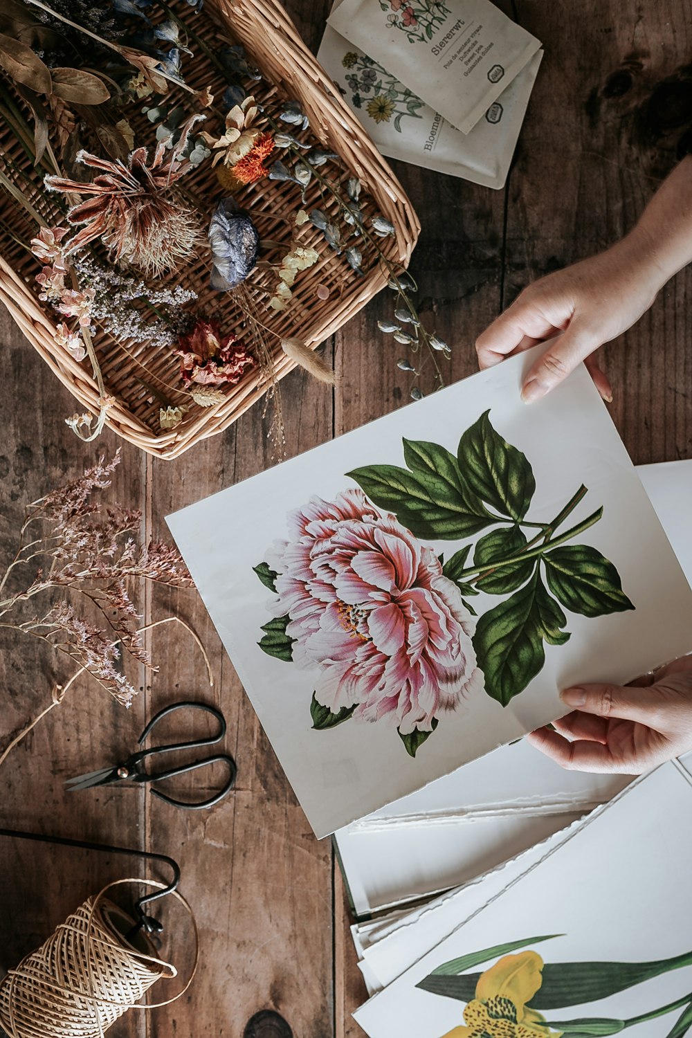 person holding white and green flower painting