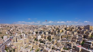 A sprawling urban landscape filled with densely packed buildings stretches out under a clear blue sky. A prominent flagpole rises above the city, displaying a colorful flag. The architecture is primarily boxy and beige, typical of Middle Eastern cities.